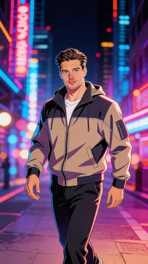 Same character anime environmental portrait in a neon city at night
