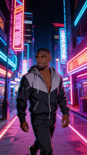 Same character anime environmental portrait in a neon city at night