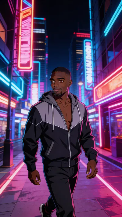 Same character anime environmental portrait in a neon city at night