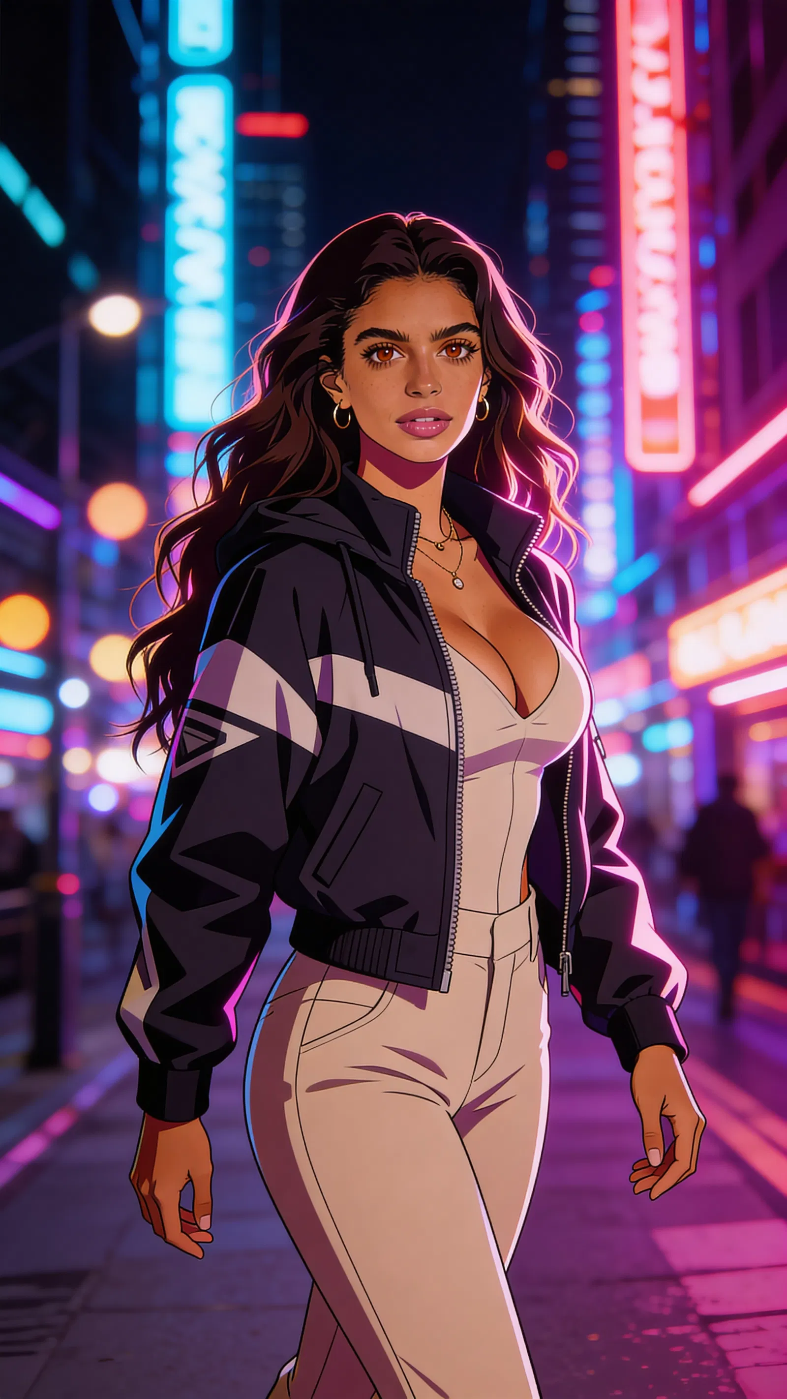 Same character anime environmental portrait in a neon city at night