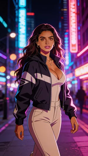 Same character anime environmental portrait in a neon city at night