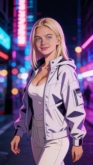 Same character anime environmental portrait in a neon city at night