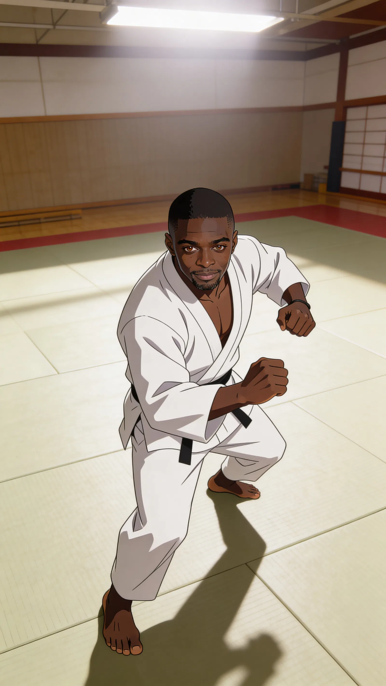 Same character anime full-body action pose in a dojo scene