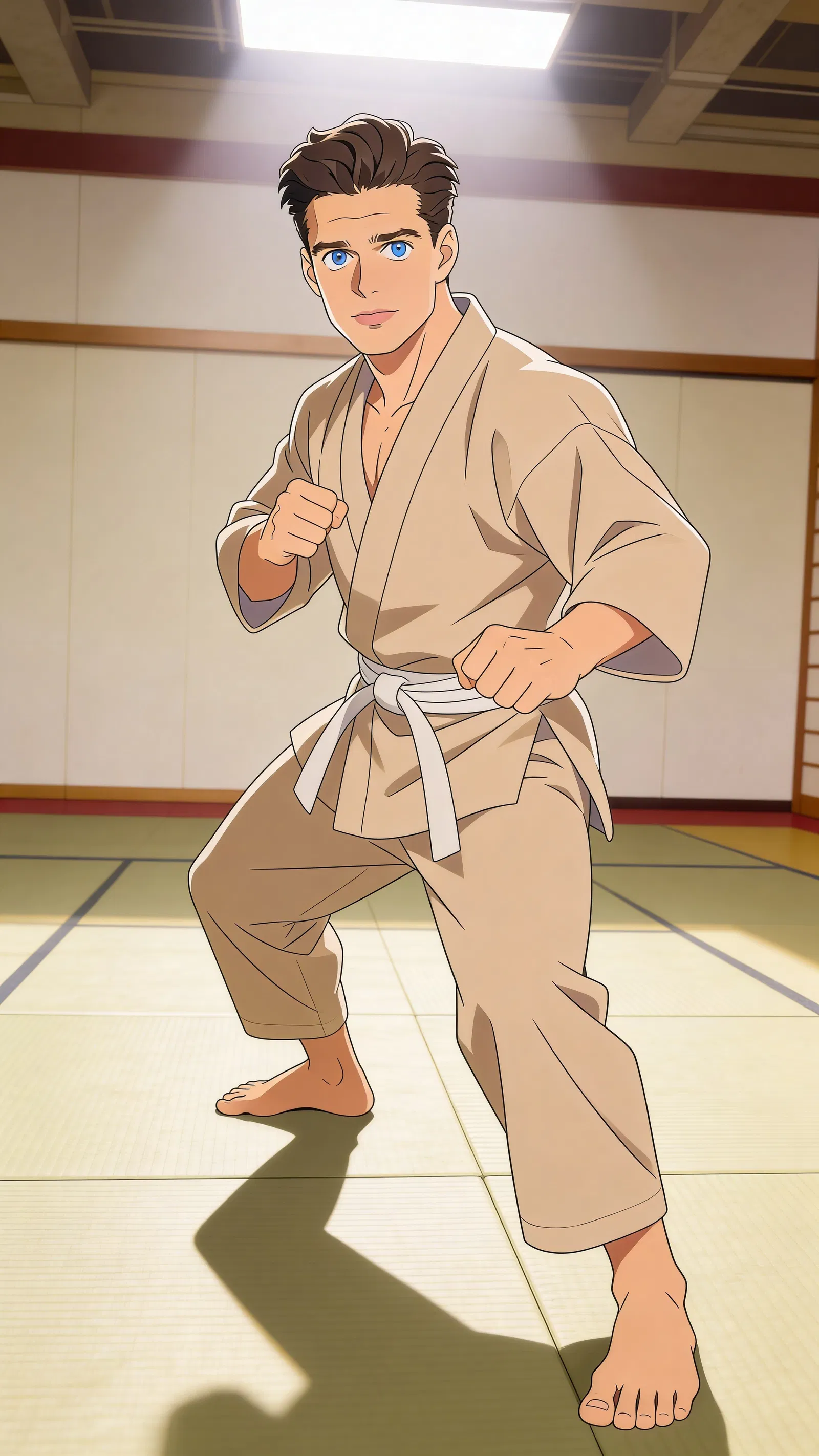 Same character anime full-body action pose in a dojo scene
