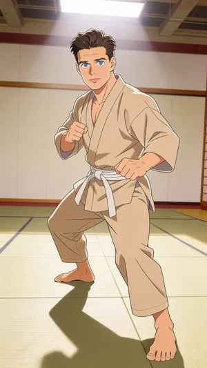Same character anime full-body action pose in a dojo scene