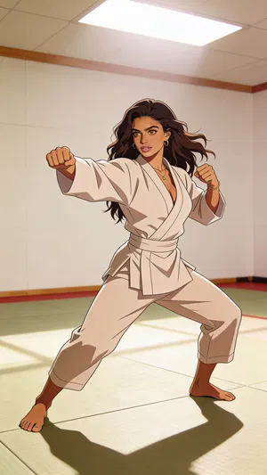 Same character anime full-body action pose in a dojo scene