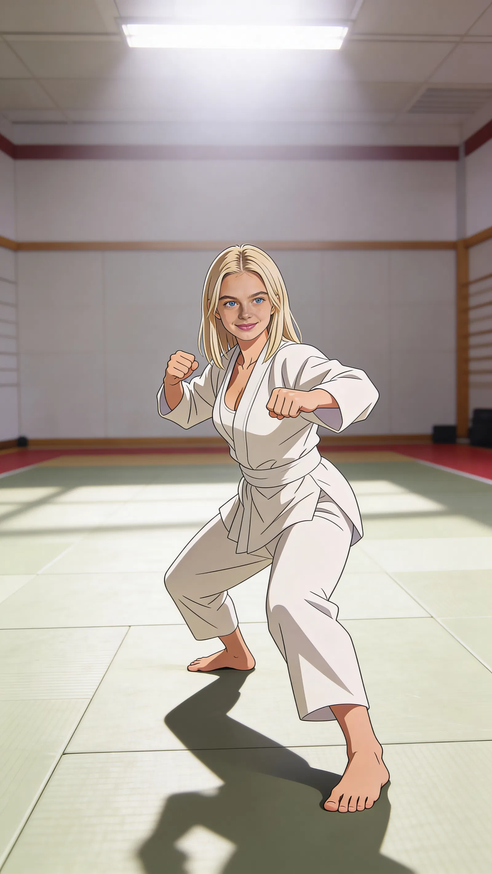 Same character anime full-body action pose in a dojo scene