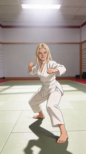 Same character anime full-body action pose in a dojo scene