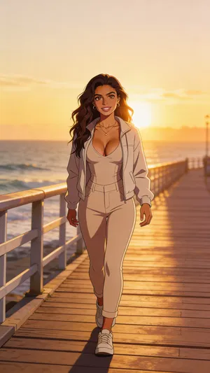 Same character anime full-body travel portrait on a seaside boardwalk at sunset