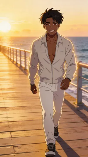 Same character anime full-body travel portrait on a seaside boardwalk at sunset