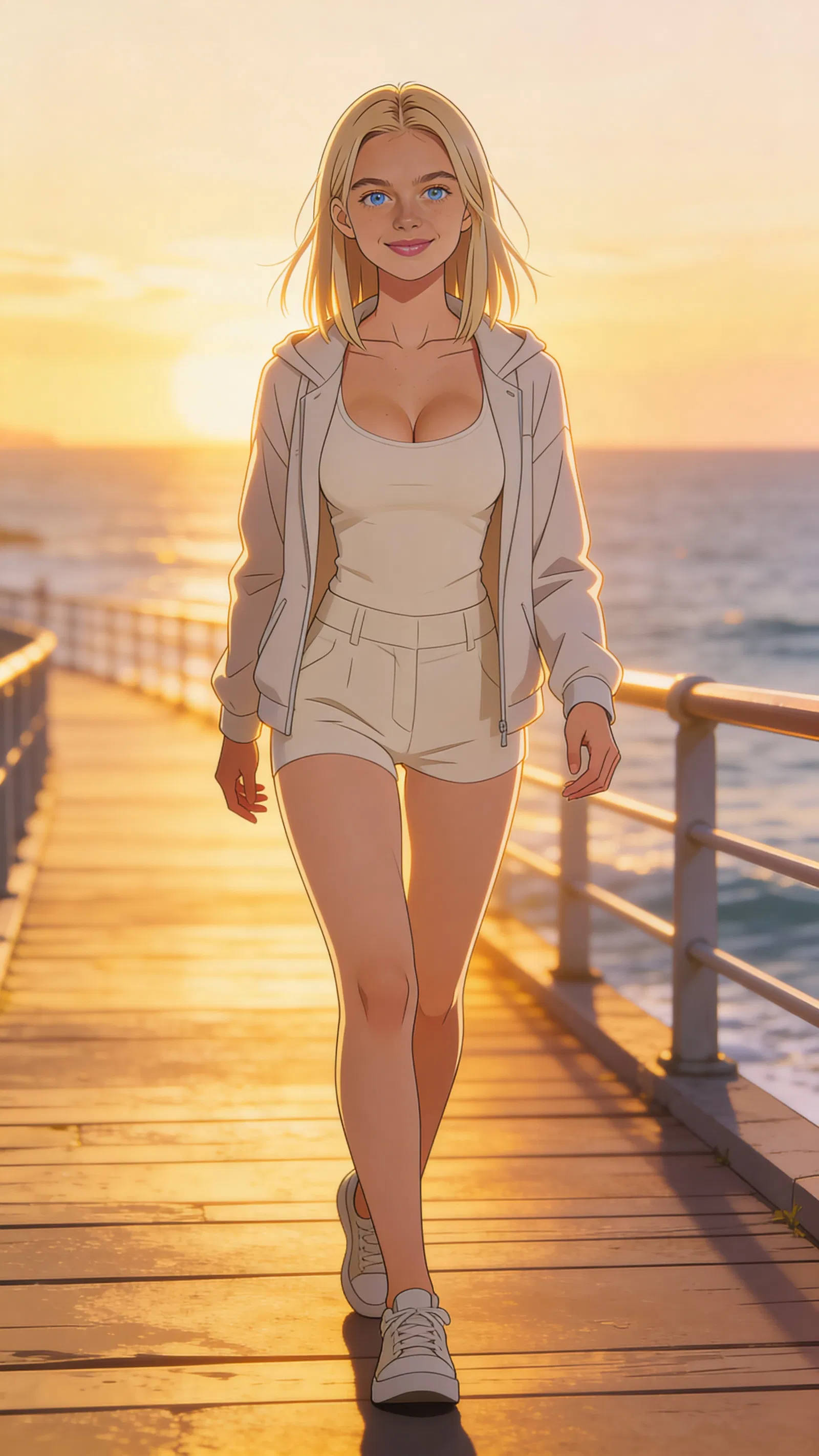 Same character anime full-body travel portrait on a seaside boardwalk at sunset