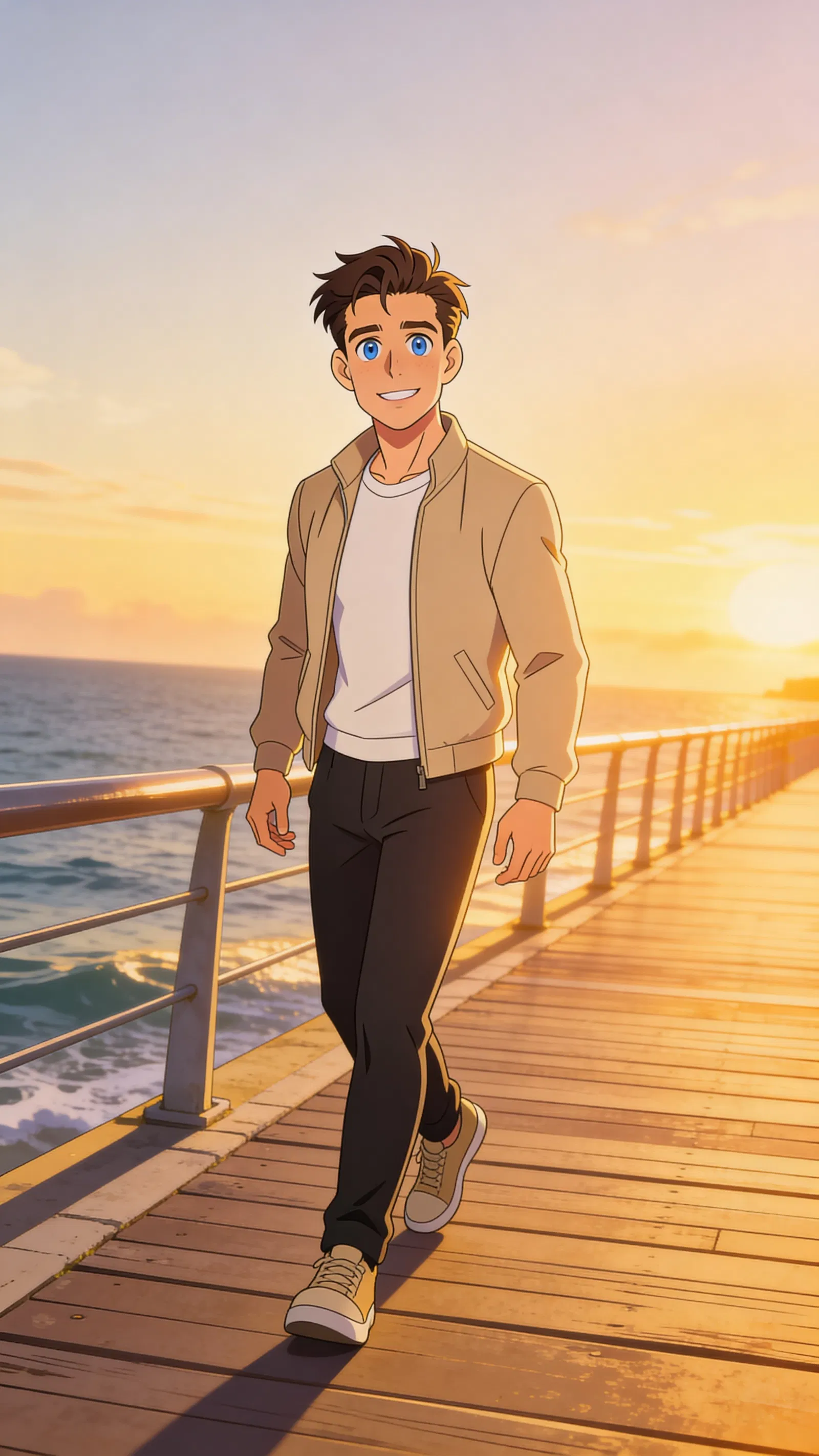 Same character anime full-body travel portrait on a seaside boardwalk at sunset
