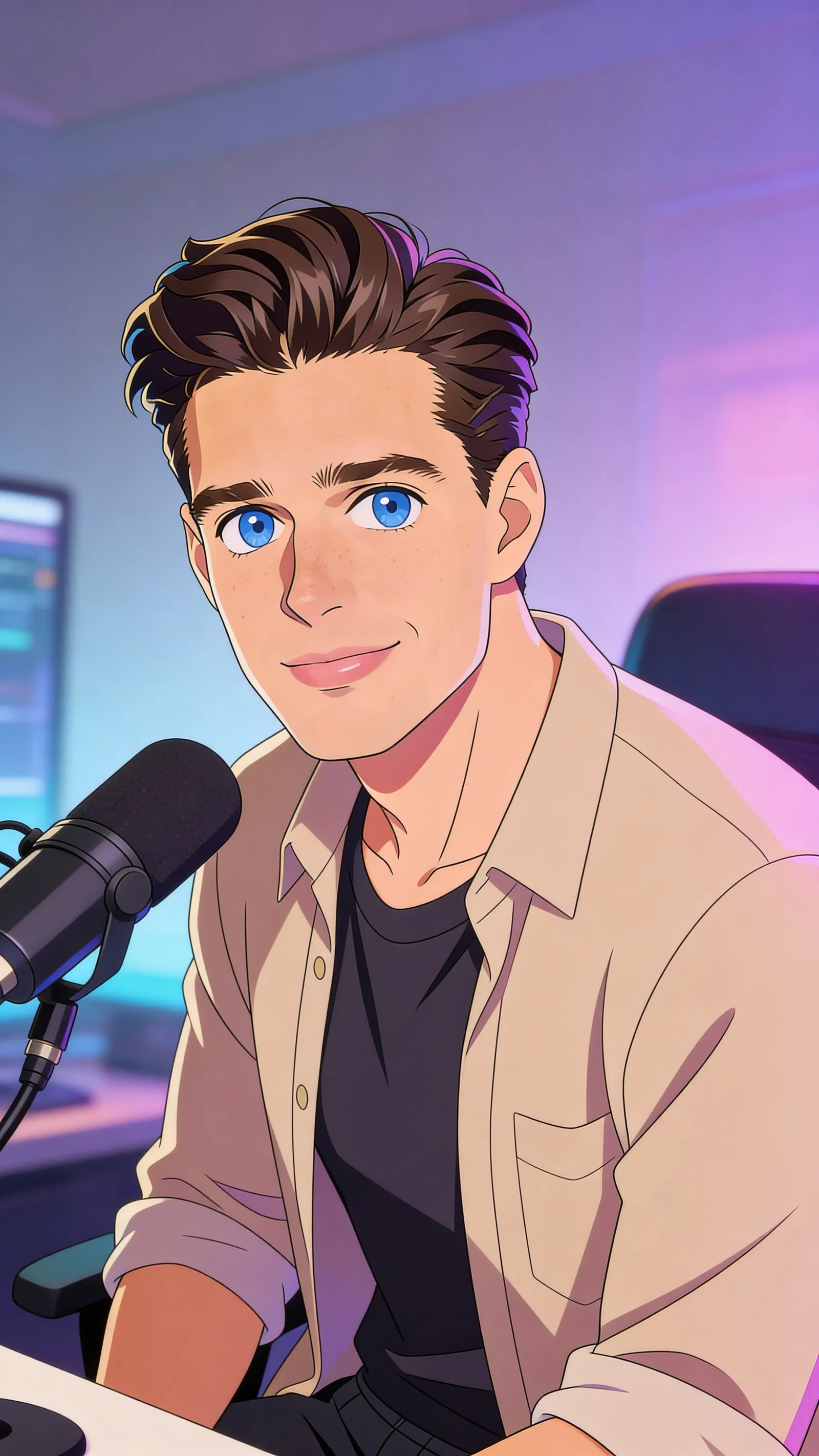 Same character anime half-body creator portrait in a streaming setup