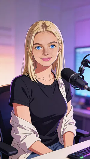 Same character anime half-body creator portrait in a streaming setup