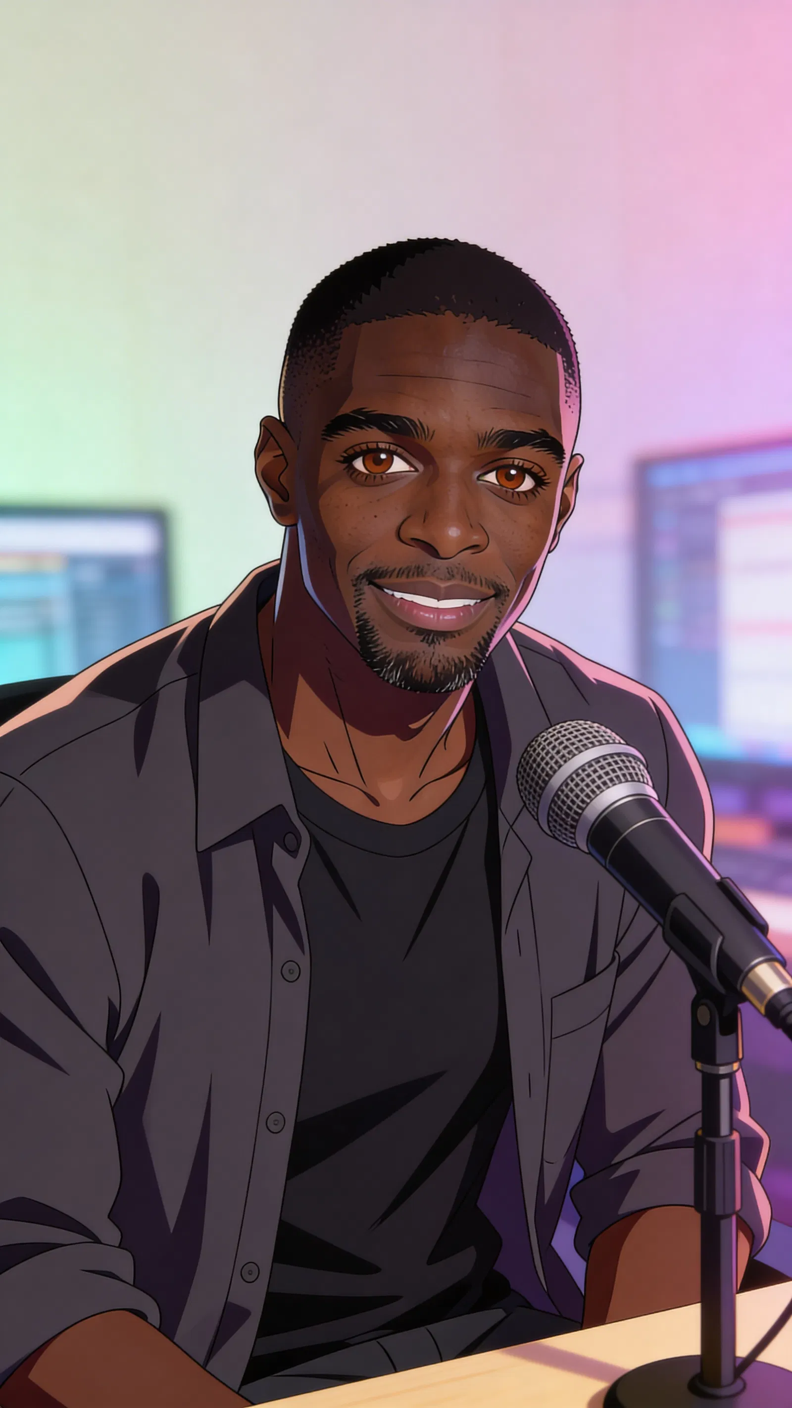 Same character anime half-body creator portrait in a streaming setup