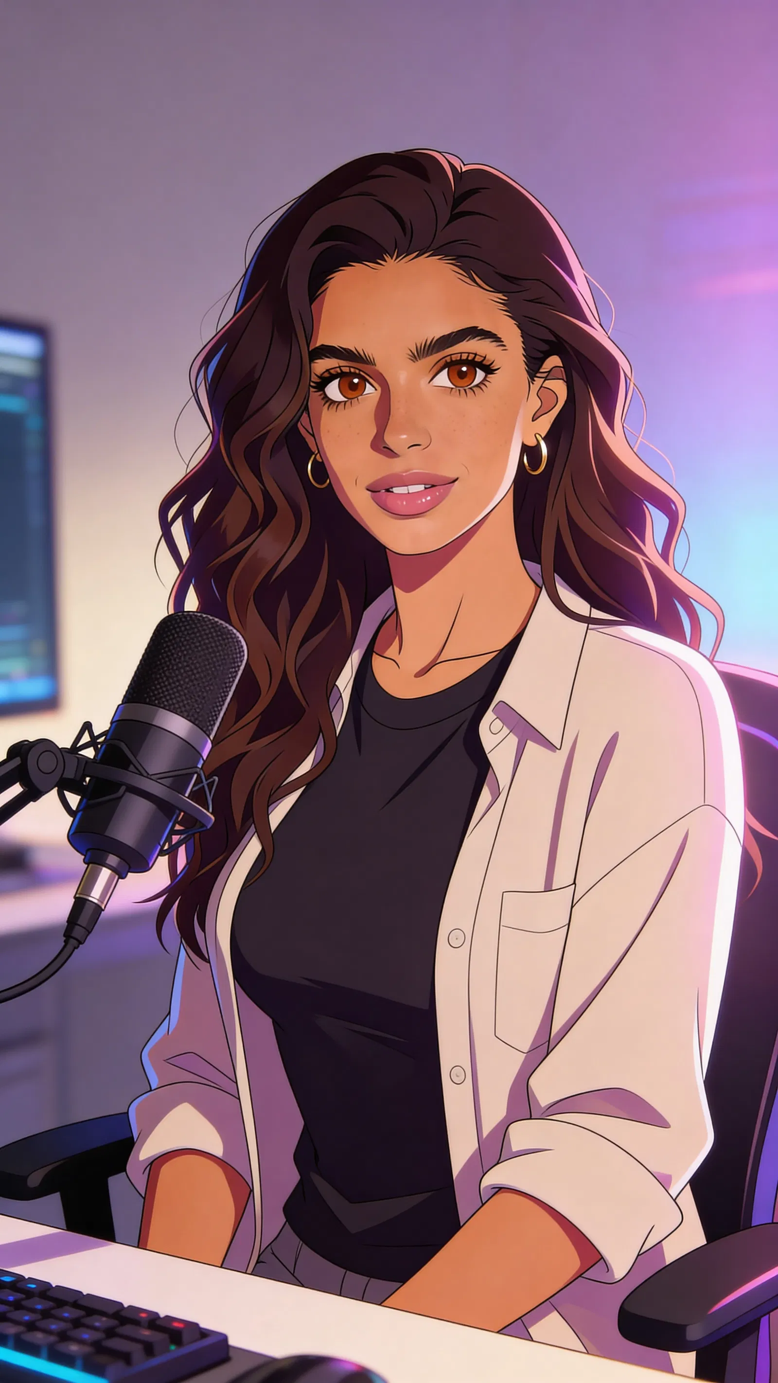 Same character anime half-body creator portrait in a streaming setup