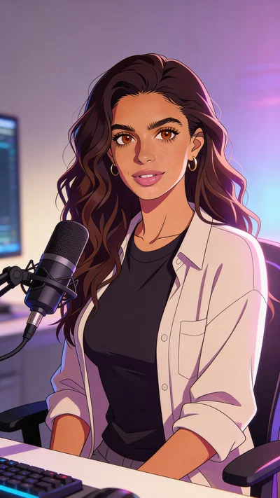 Same character anime half-body creator portrait in a streaming setup