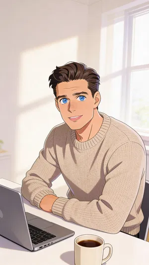 Same character anime half-body portrait at a bright home workspace