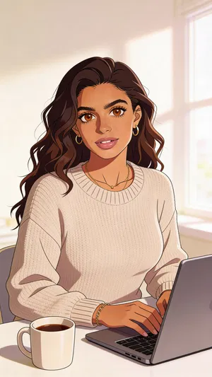 Same character anime half-body portrait at a bright home workspace