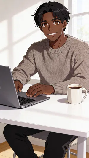 Same character anime half-body portrait at a bright home workspace