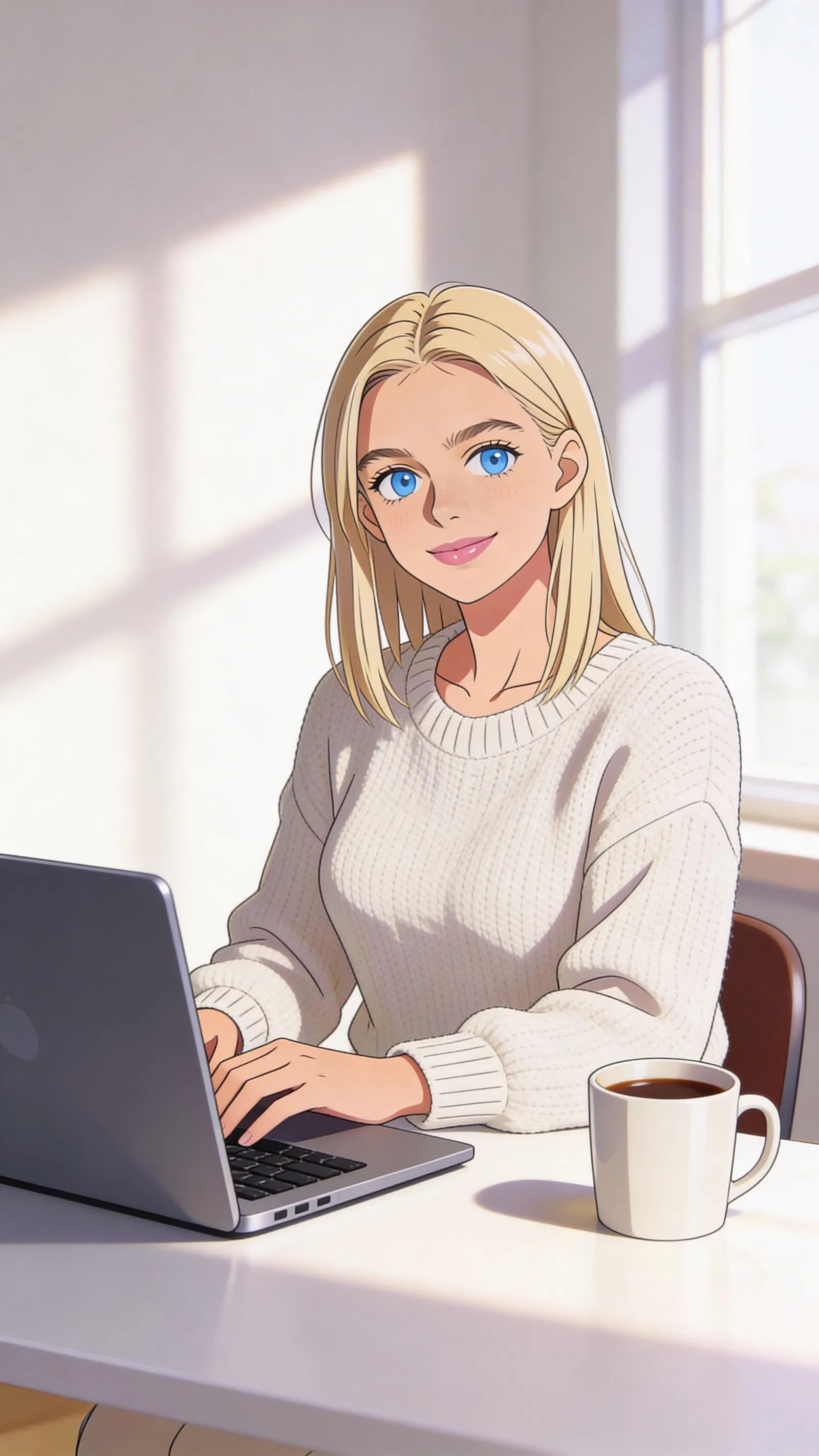 Same character anime half-body portrait at a bright home workspace