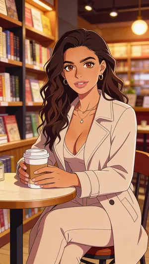 Same character anime portrait in a cozy bookstore café setting
