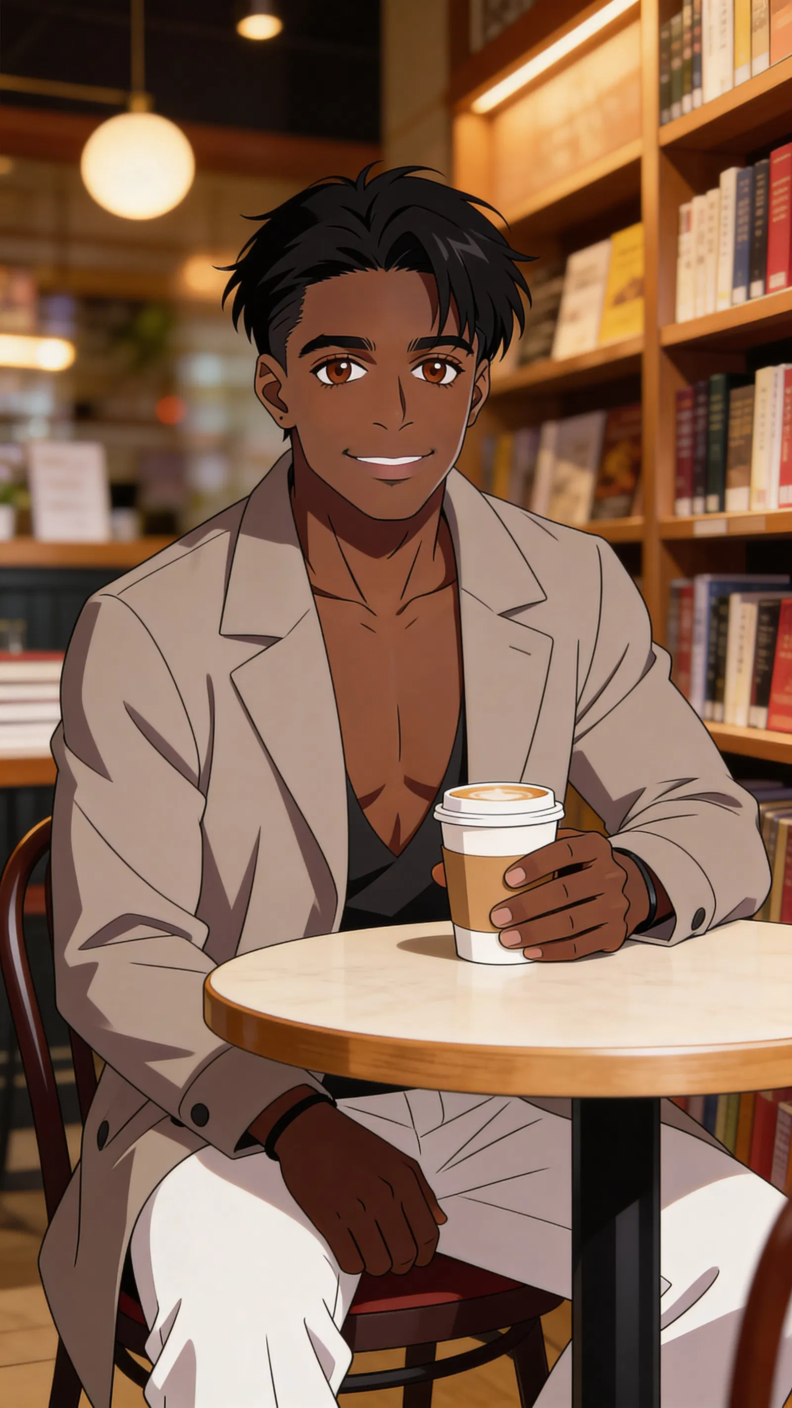 Same character anime portrait in a cozy bookstore café setting