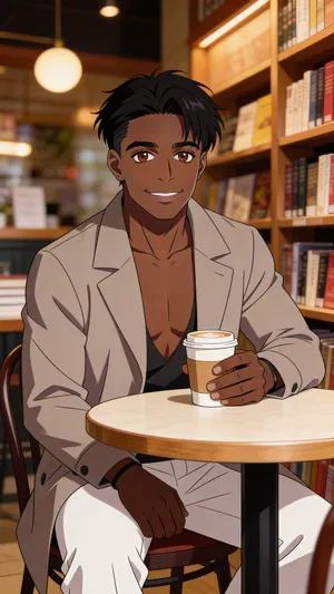 Same character anime portrait in a cozy bookstore café setting