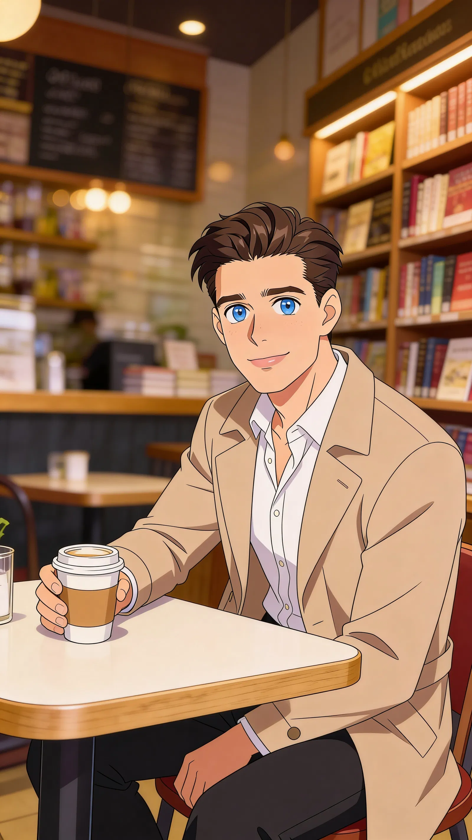 Same character anime portrait in a cozy bookstore café setting