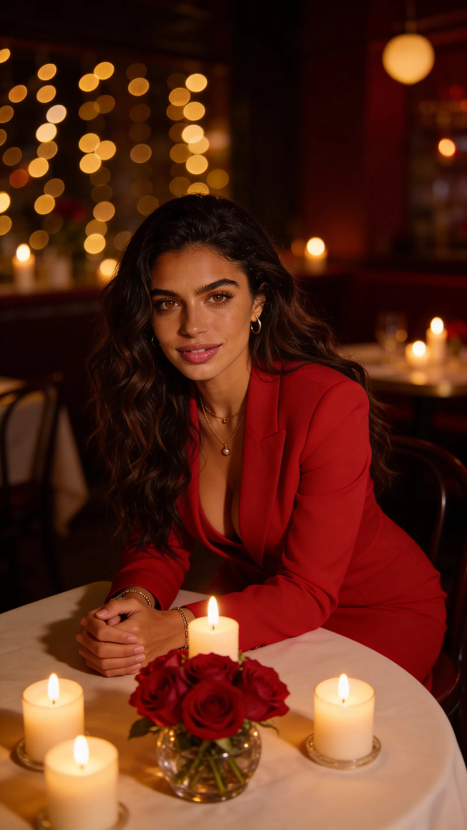 Same character at candlelit table with roses, warm cinematic lighting.