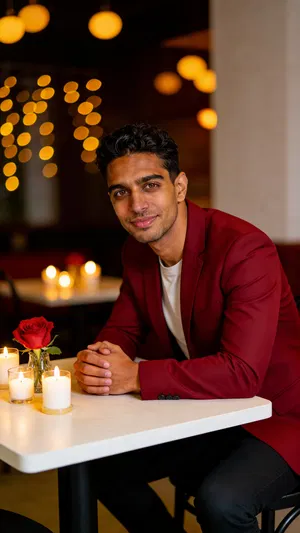 Same character at candlelit table with roses, warm cinematic lighting.