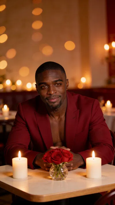 Same character at candlelit table with roses, warm cinematic lighting.