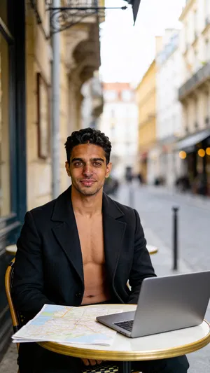 Same character at European café with map and laptop, brand-ready travel content photo.