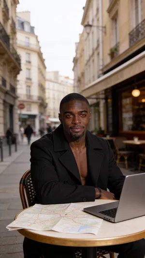 Same character at European café with map and laptop, brand-ready travel content photo.