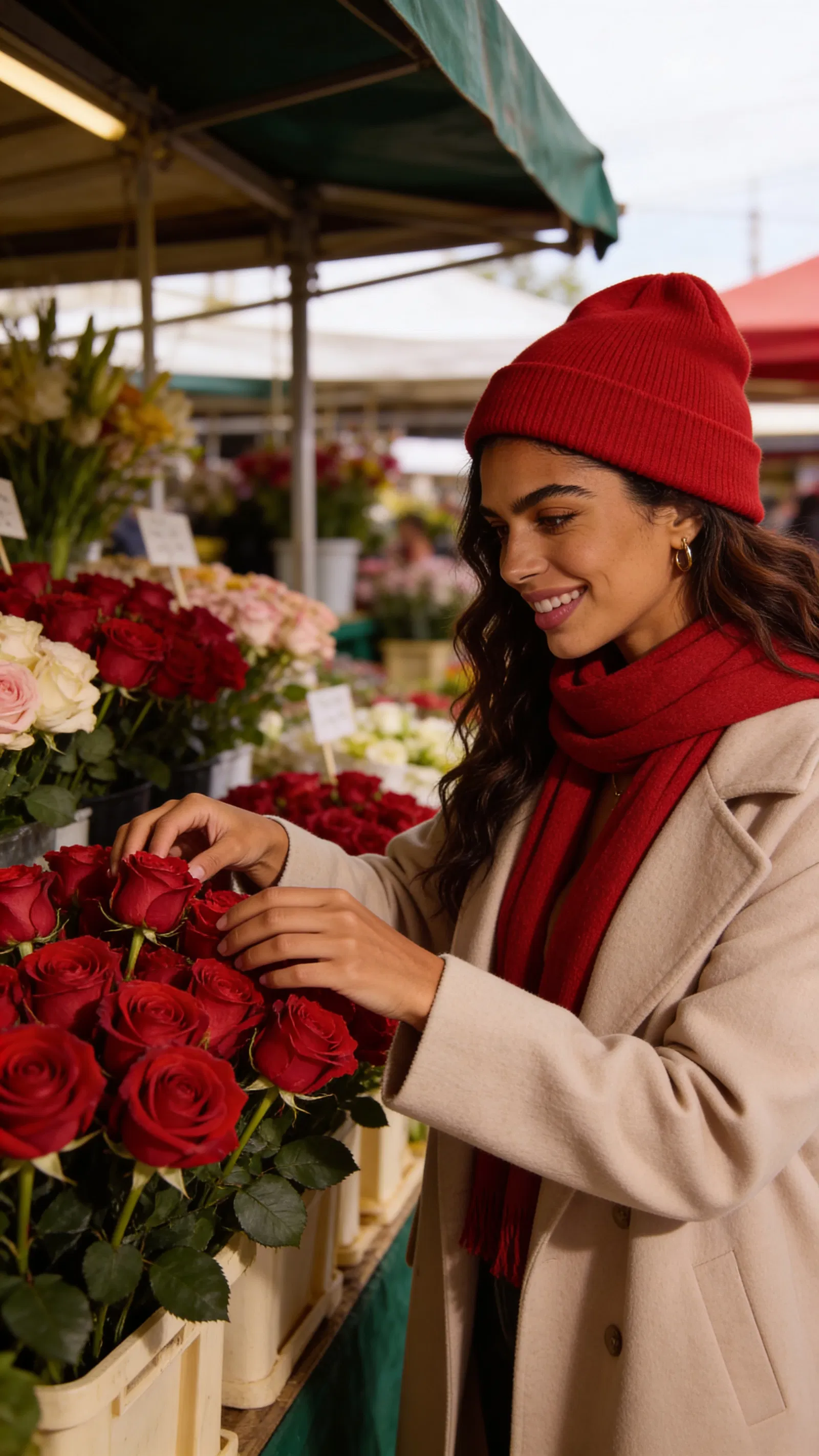 Same character at flower market choosing roses, bright candid lifestyle look.