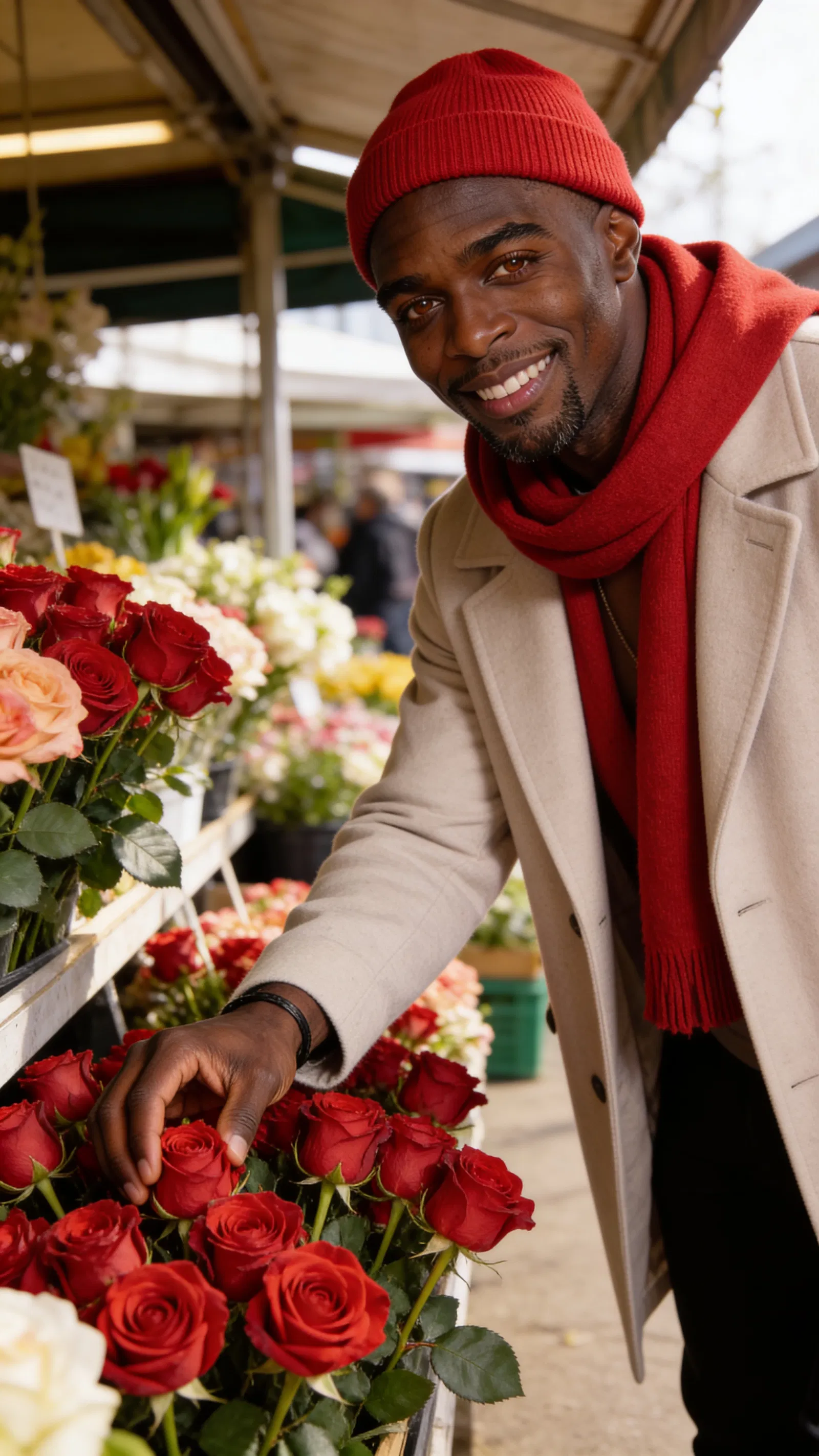 Same character at flower market choosing roses, bright candid lifestyle look.