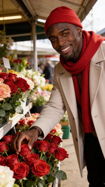 Same character at flower market choosing roses, bright candid lifestyle look.