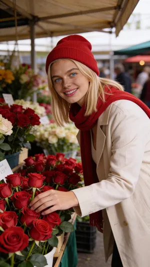 Same character at flower market choosing roses, bright candid lifestyle look.