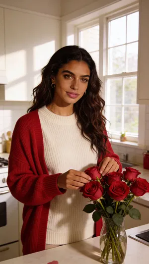 Same character at home arranging roses in natural window light.