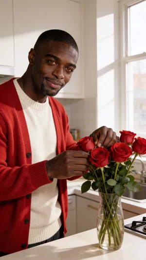 Same character at home arranging roses in natural window light.