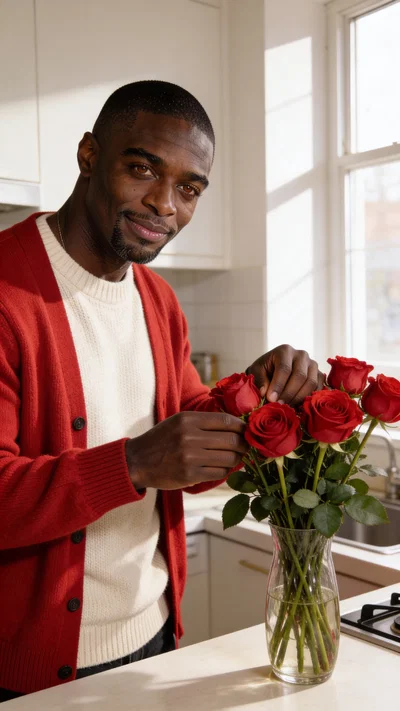 Same character at home arranging roses in natural window light.