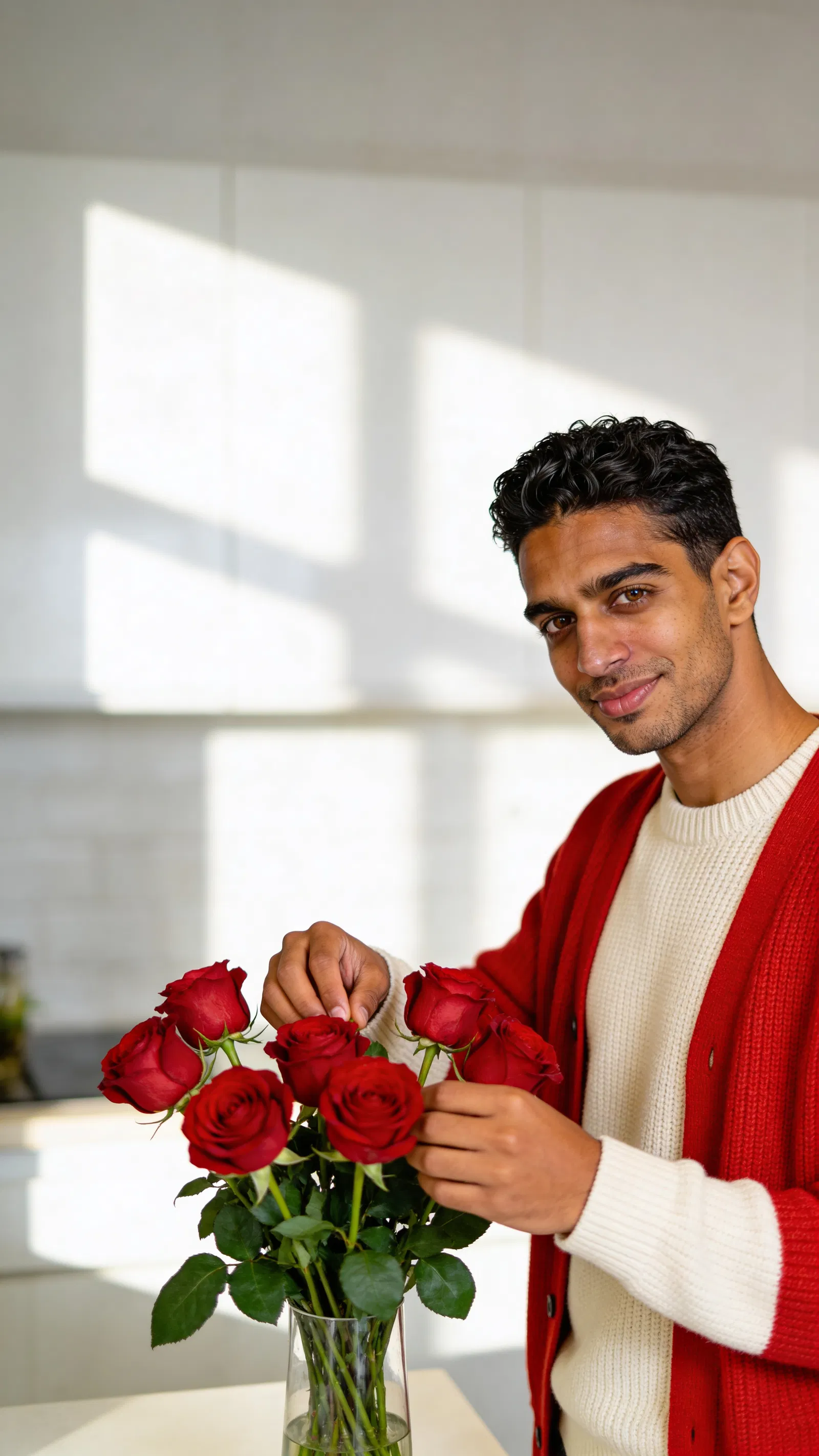 Same character at home arranging roses in natural window light.