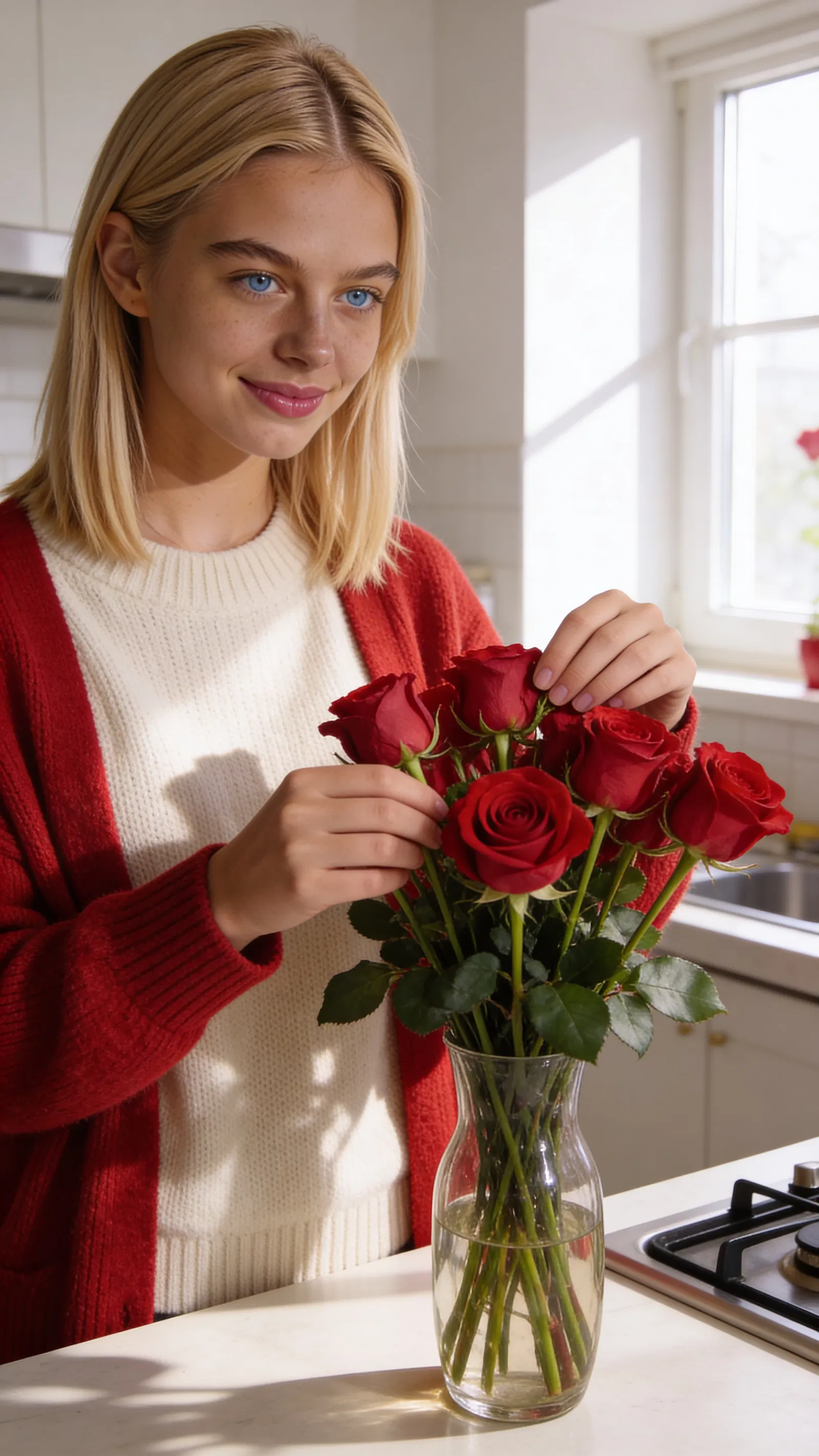 Same character at home arranging roses in natural window light.