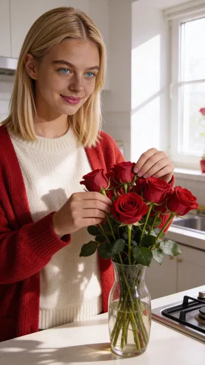 Same character at home arranging roses in natural window light.