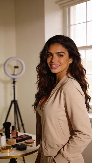 Same character at-home creator setup with soft window light