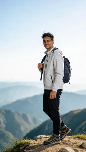 Same character at mountain viewpoint, adventurous outdoor dating profile portrait