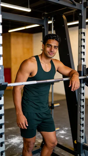 Same character at squat rack for gym photoshoot look