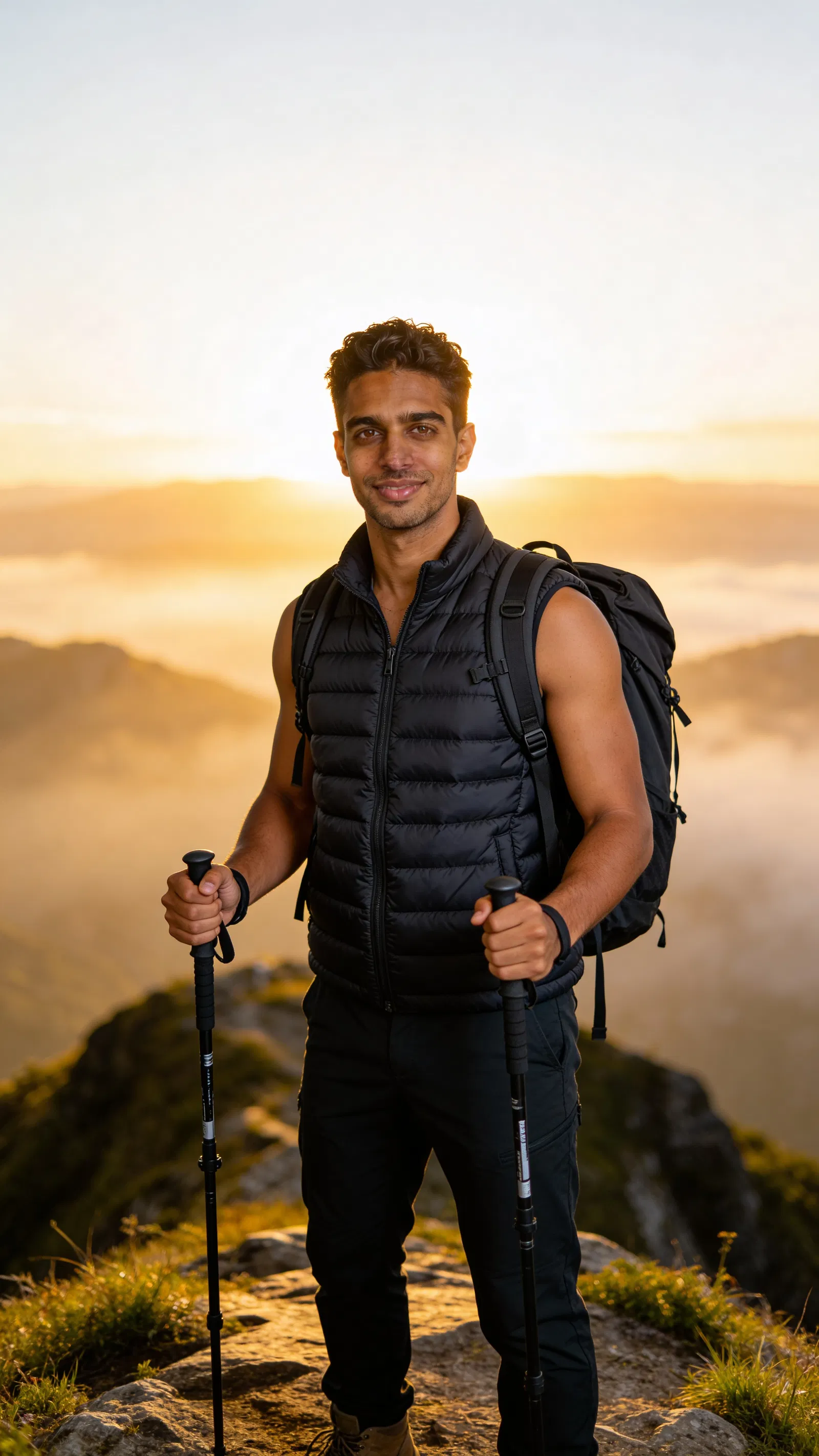 Same character at sunrise mountain overlook with hiking gear, adventure travel portrait.