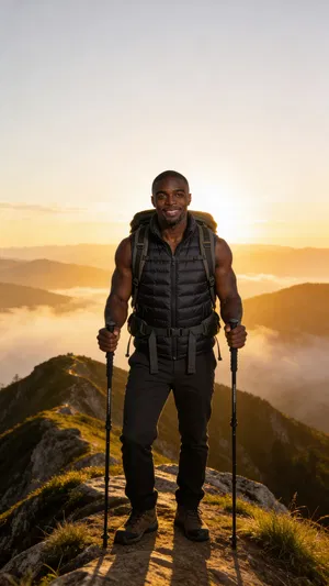 Same character at sunrise mountain overlook with hiking gear, adventure travel portrait.