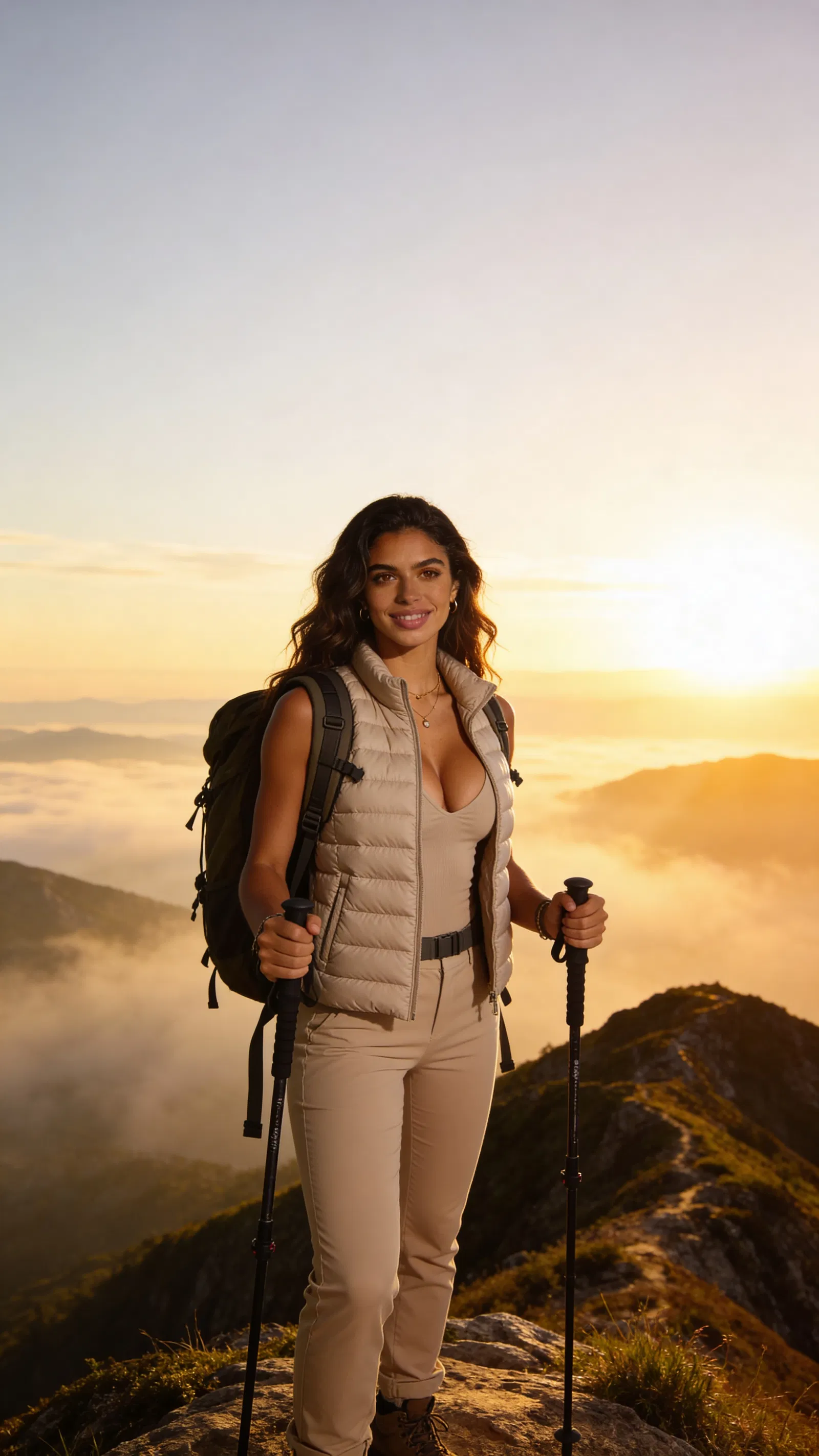 Same character at sunrise mountain overlook with hiking gear, adventure travel portrait.